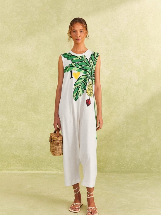 FARM Rio Pants - FARM Rio White Tropical Palm Print Sleeveless Jumpsuit